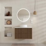 Aurlane - meuble salle de bains 80 2 tiroirs d�cor ch�ne et noir - vasque et plan blancs - miroir led ...