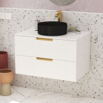 Meuble salle de bains 80 cm laqu blanc et or dor - 2 tiroirs - vasque ronde  poser noire