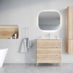Aurlane - meuble de salle de bains 80cm 3 tiroirs chêne clair - vasque céramique blanche - jota Aurlane - meuble de salle de bains 80cm 3 tiroirs chêne clair - vasque céramique blanche - jota