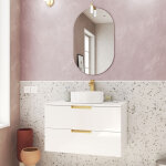 Meuble salle de bains 80cm laqu blanc et or dor 2 tiroirs - vasque blanche - miroir & applique led