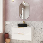 Meuble salle de bains 80cm laqu blanc et or dor 2 tiroirs - vasque noire - miroir & applique led