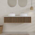 Aurlane - meuble salle de bains yuki 120 2 tiroirs d�cor ch�ne et noir crant� - plan et vasques blanches ...