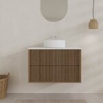 Aurlane - meuble salle de bains yuki 80 2 tiroirs d�cor ch�ne et noir crant� - plan et vasque blanche ...