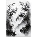 Autocollant mural paysage de feuilles de bambou noir et blanc 70x100