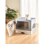 Skecten - bac  litire pour chat, grand bac  litire pliable avec brosse pour massage et pelle, gris ...