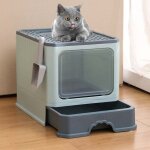 Bac liti�re chat - maison de toilette pour chat ferm�e - 50 x 35 x 38cm - vert d'eau fonc�