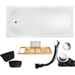 Badland - baignoire rectangulaire 180x80 + appui - tte + planche en bambou, siphon de bain et pieds ...