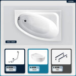 Otitec - baignoire asym�trique - 140 x 80 cm - gauche - avec tablier blanc - pieds - vidage chrome - ...