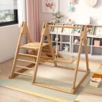 Balanoire enfant, toboggan enfant, balanoire toboggan en bois pour enfant 3 en 1 avec portique d'escalade, ...