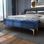 Banc banquette 118x45x42cm capitonn�e en velours bois pieds m�talliques d�s bleu et charge 120kg