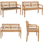 Banc batavia avec coussin taupe 120 cm bois de teck massif - banc de jardin - mobilier de jardin - banc ...