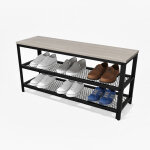 Banc � chaussures relaxdays, 8 paires, h45�l100�p30 cm, 2 �tag�res grillag�es, assise aspect bois, marron ...