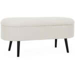 Banc coffre. bout de lit avec revêtement bouclette. écru. pieds en bois noir. l 112 x 44 x 50cm Banc coffre. bout de lit avec revêtement bouclette. écru. pieds en bois noir. l 112 x 44 x 50cm