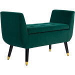 Banc coffre en velours vert avec accoudoirs et pieds dor�s 107 cm