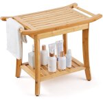 Banc de douche en bambou, 610 x 350 x 480 mm, tabouret de douche etanche avec poignee et etagere de rangement, ...