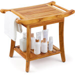 Banc de douche en teck, 560 x 365 x 470 mm, tabouret de douche impermeable avec poignee deetagere de ...