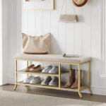 Banc d'entree dore , meuble  chaussures, porte - chaussures  3 niveaux, rangement avec sige rembourr, ...