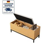 Banc d'entrée avec simplicité - grain de bois naturel avec revêtement en tissu gris clair - grand espace ... Banc d'entrée avec simplicité - grain de bois naturel avec revêtement en tissu gris clair - grand espace ...