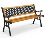 Banc de jardin 3 places 126 x 52 x 74 cm en fonte laqu�e et bois naturel style simple et robuste usage ...