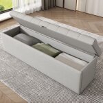 Banc de table rembourr� - lin textile - pouf lit convertible - rangement int�gr� - gris clair - 141x41, ...