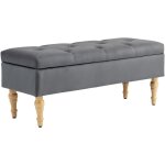 Banquette coffre style baroque - piètement bois assise effet capitonné velours gris Banquette coffre style baroque - piètement bois assise effet capitonné velours gris