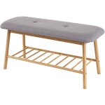 Hhg - jamais utilis] banquette tagre  chaussures 609 banc rembourr, rangement pour chaussures, bambou ...