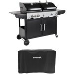 Barbecue 2 en 1 gaz et charbon. 3 br�leurs + 1 feu lat�ral. grill et fumoir avec tablettes et housse
