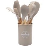 Batterie de cuisine 12 pi�ces ? ustensiles en silicone avec manches en bois ? antiadh�sifs ? kaki