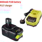 Batterie de rechange ryobi 18 v p108 p102 8, 0 ah et chargeur p117, compatibles avec les outils sans ...