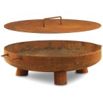 Bbq - toro brasero en acier inoxydable  60 cm avec couvercle aspect rouille, 3 pieds et 2 poignes