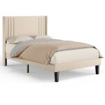 Lit simple capitonn� 120 x 200 cm avec t�te de lit pour rangement bealife sommier � lattes tissu en lin ...