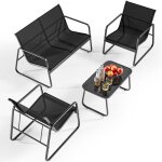 Salon de jardin bealife 4 places set de jardin acier et textil�ne table verre tremp� ensemble de meuble ...