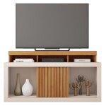 Beaux meubles pas chers - meuble tv 55 pouces chne et blanc 1 porte 6 roulettes l 136 h 74 p 39 cm