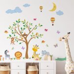 Bebusingoto 1set sticker mural animal, sticker mural jungle, sticker mural arbre �l�phant girafe lion, ...