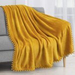 Bebusingoto couverture polaire 100 x 120 cm pour canap� avec franges � pompons, jaune moutarde, douce ...