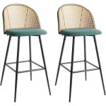 Lot de 2 chaises de bar r�tro en m�tal noir dossier tresse viennoise assise en tissu vert cornell