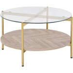 Beliani - table basse moderne plateau rond en verre tremp� et �tag�re bois clair et cadre m�tallique ...