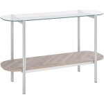 Table console moderne plateau en verre tremp avec tagre bois clair et cadre en mtal argent lovell ...