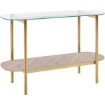 Table console moderne plateau en verre tremp avec tagre bois clair et cadre en mtal dor lovell