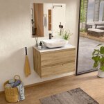 Bellobath - meuble de salle de bain avec plan vasque en c�ramique et miroir, meuble mont� et 2 tiroirs, ...