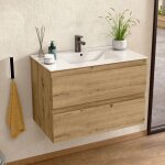 Bellobath - meuble salle de bain avec plan vasque en c�ramique, meuble mont� avec 2 tiroirs, 80 x 55 ...