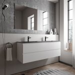 Bernstein - meuble double vasque suspendu mdf blanc mat, 2 lavabos fonte noir mat + trous robinets - ... Bernstein - meuble double vasque suspendu mdf blanc mat, 2 lavabos fonte noir mat + trous robinets - ...