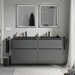 Meuble double vasque suspendu salle de bain mdf anthracite mat, lavabos fonte minrale noir mat + trous ...