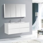 Bernstein - meuble double vasque suspendu salle de bain mdf blanc brillant, lavabo marbre blanc brillant ...