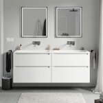 Bernstein - meuble double vasque suspendu salle de bain mdf blanc mat, lavabos fonte minérale blanc mat ... Bernstein - meuble double vasque suspendu salle de bain mdf blanc mat, lavabos fonte minérale blanc mat ...