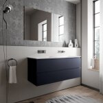 Meuble double vasque suspendu salle de bain mdf bleu fonc mat, 2 lavabos fonte minrale blanc mat, sans ...