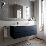 Bernstein - meuble double vasque suspendu salle de bain mdf bleu fonc mat, 2 lavabos fonte minrale ...