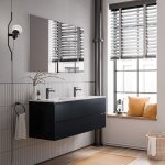 Bernstein - meuble double vasque suspendu salle de bain mdf bleu nuit mat, lavabos cramique blanc brillant ...