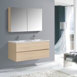Bernstein - meuble double vasque suspendu salle de bain mdf chne clair, lavabo marbre blanc brillant ...