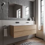 Bernstein - meuble double vasque suspendu salle de bain mdf chne miel, 2 lavabos fonte minrale blanc ...